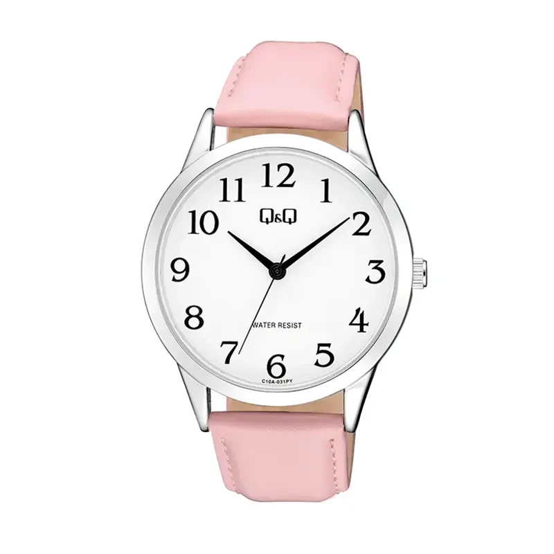 Q&Q White Dial Pink Leather Strap Ladies Watch- C10A-031PY